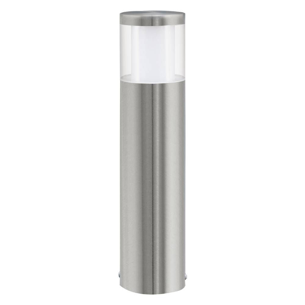 Lampadaire extérieur cylindrique en inox avec diffuseur blanc, produit de face