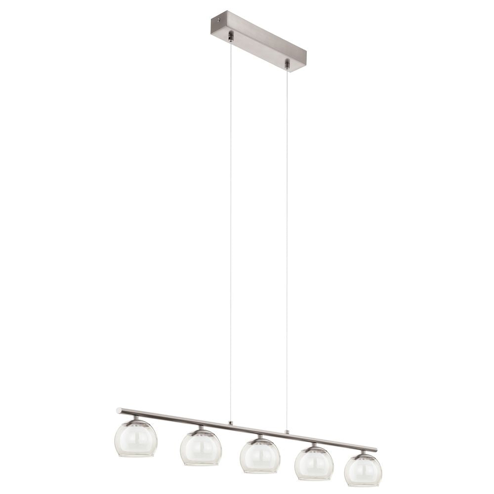 Suspension rectangulaire nickel satiné avec cinq globes en verre transparent, vue de face