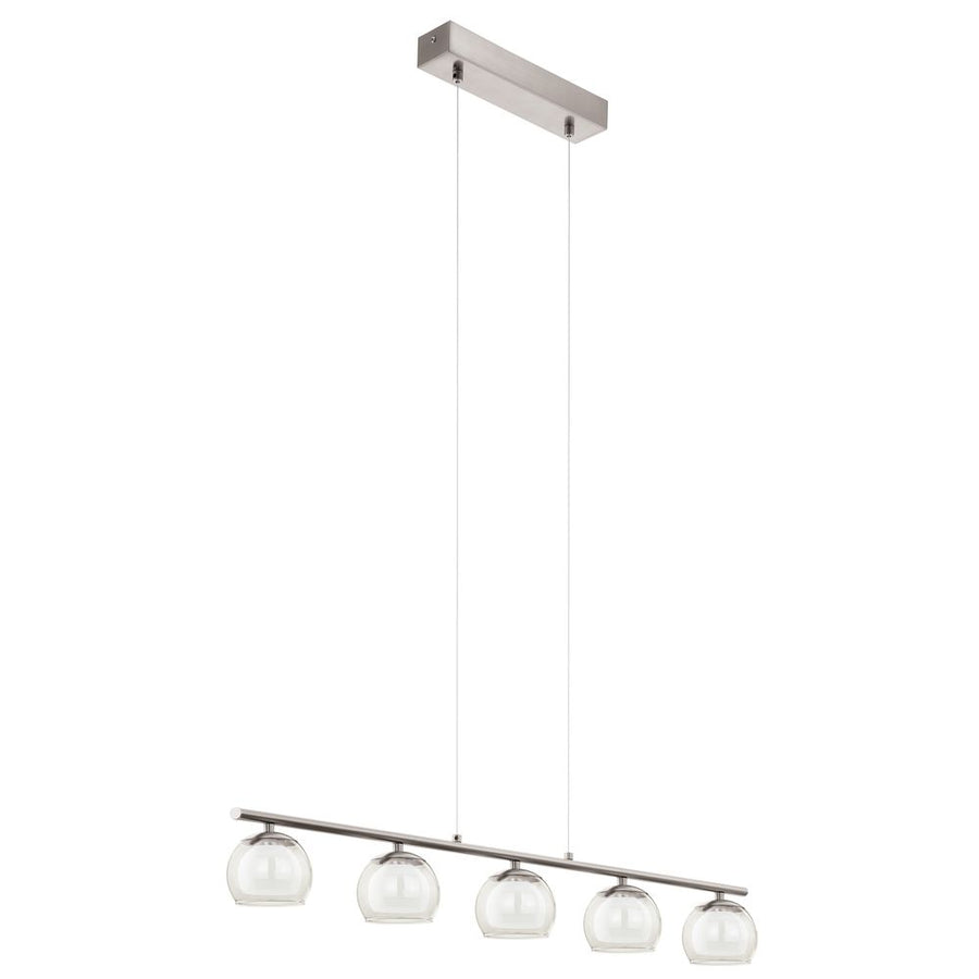 Suspension rectangulaire nickel satiné avec cinq globes en verre transparent, vue de face