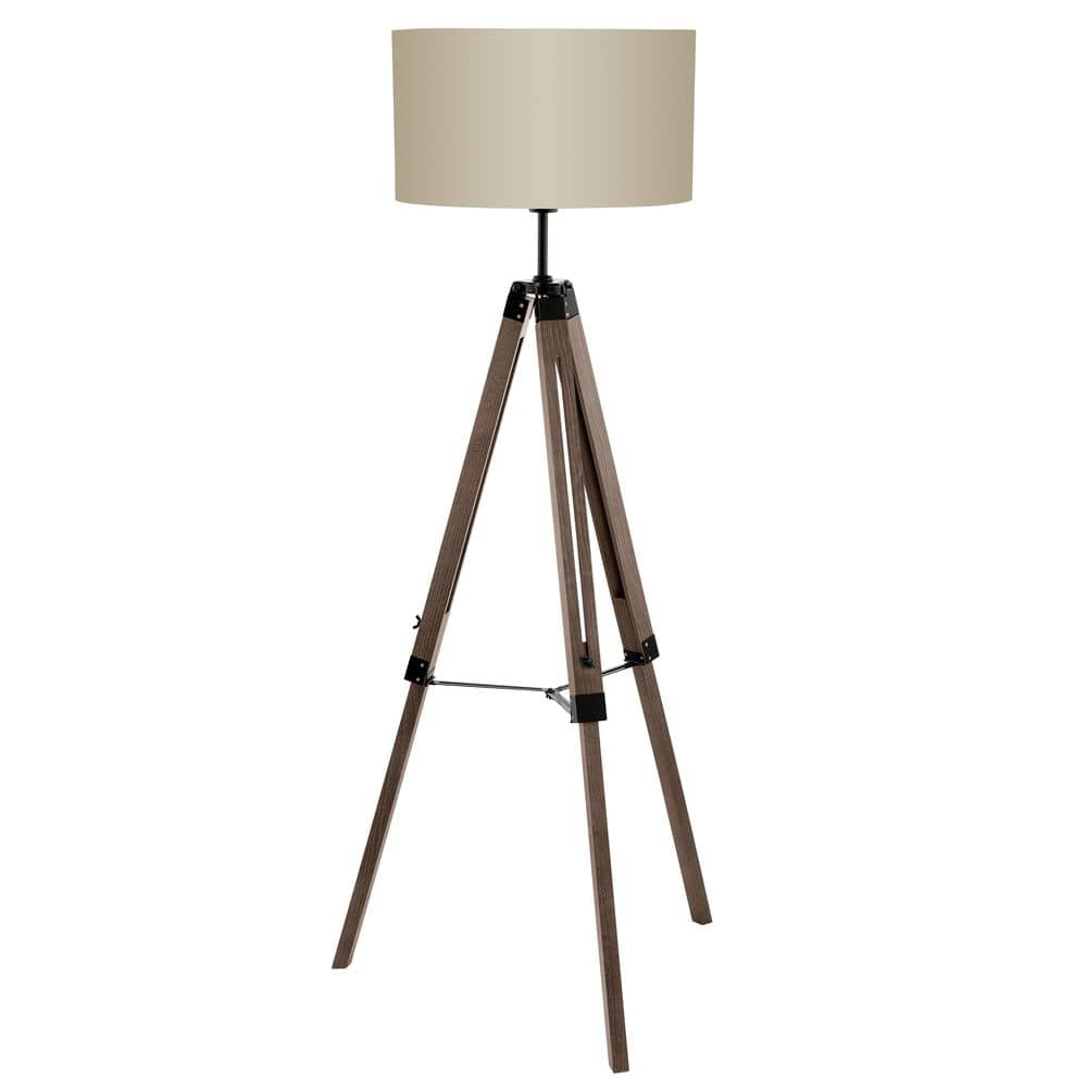 Lampadaire trépied en bois avec abat-jour beige, présenté de face sur fond blanc