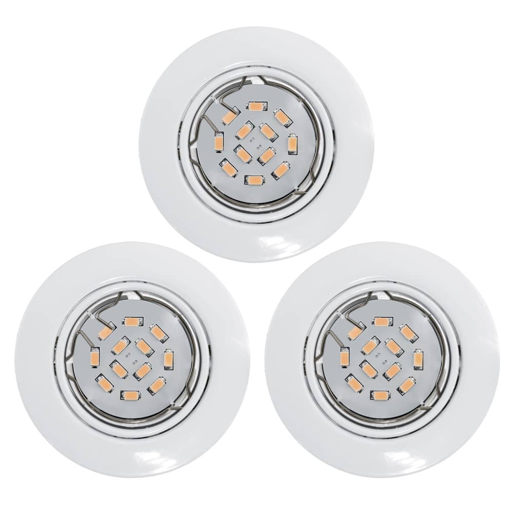 Trois spots encastrables blancs vus de face, modules LED ronds bien visibles