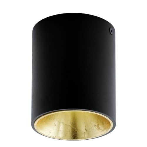 Plafonnier cylindrique noir mat vu de face, intérieur doré visible en partie basse