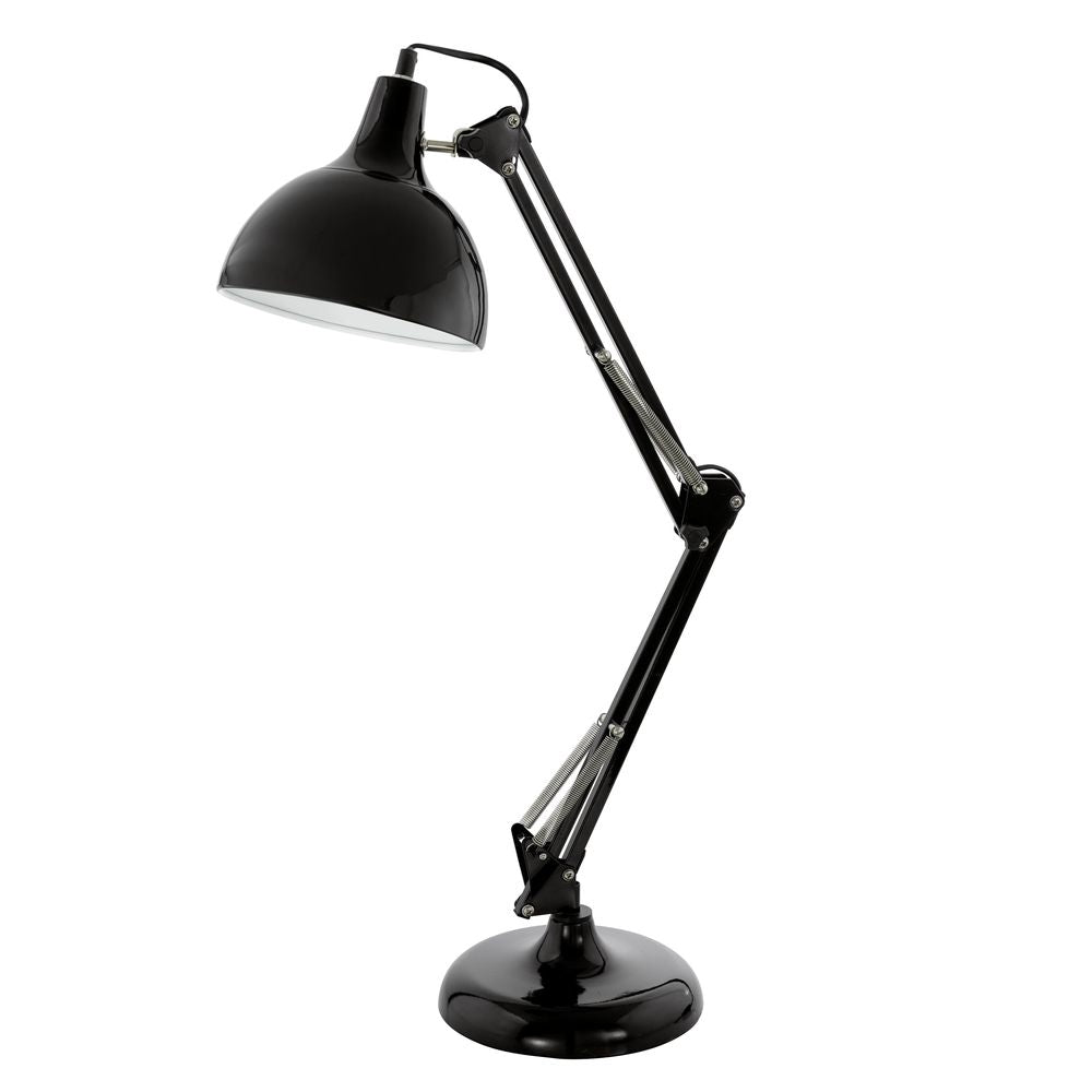 Lampe à poser noire à bras articulé, vue de trois quarts sur fond blanc.