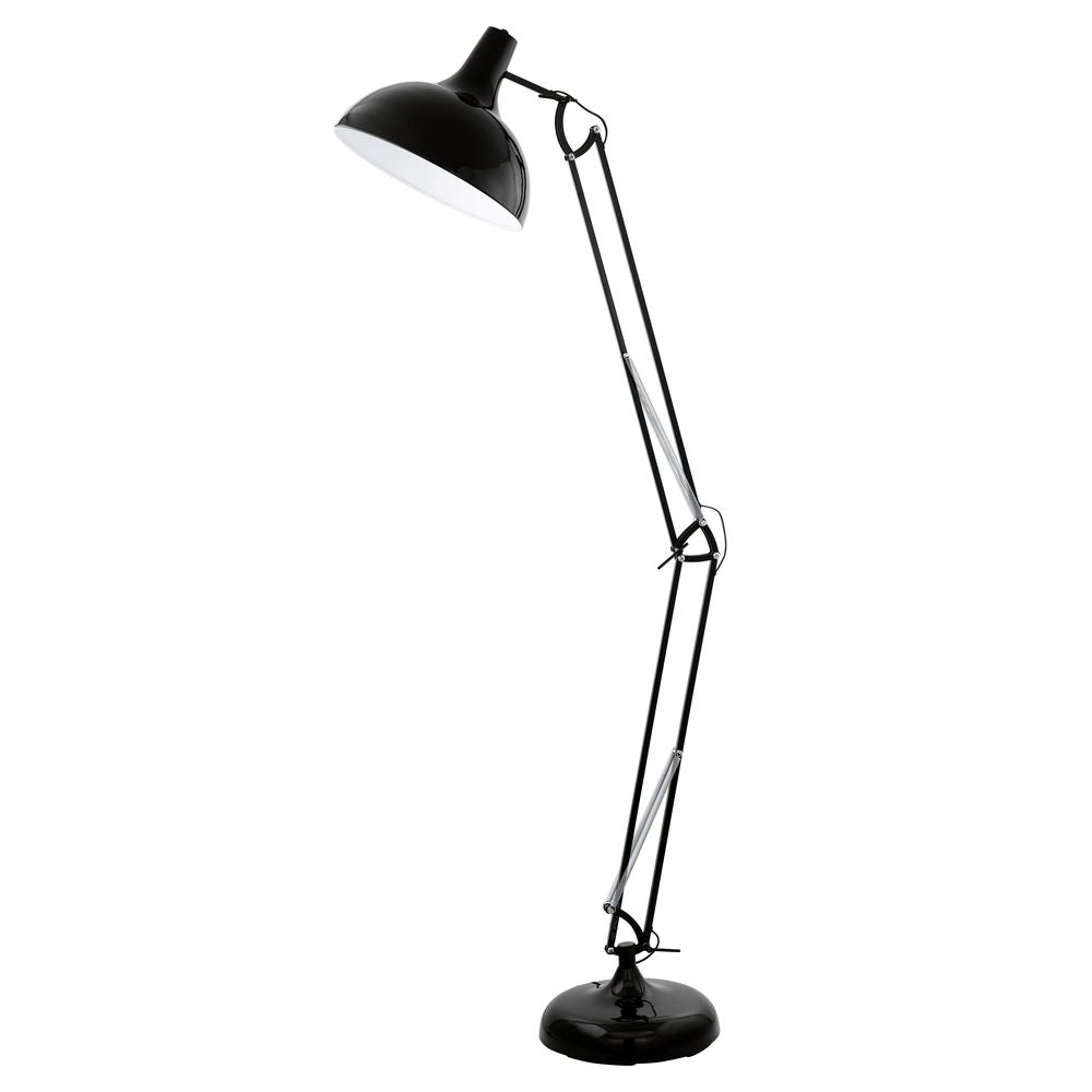 Lampadaire noir articulé vu de face sur fond blanc uni
