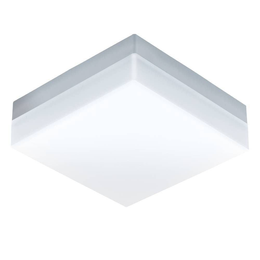 Vue de dessous du plafonnier carré blanc, diffuseur opale et bordure fine grise