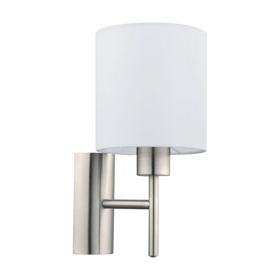 Applique murale vue de face, abat-jour cylindrique blanc et support métal brossé