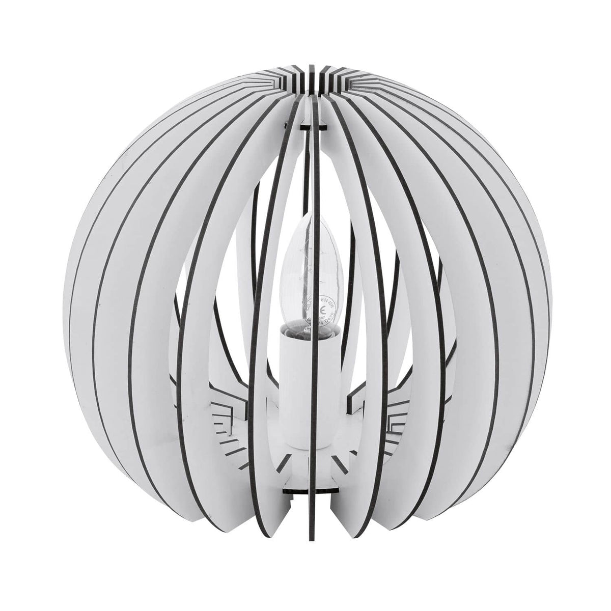 Lampe à poser sphérique blanche en bois courbé, vue de face sur fond blanc
