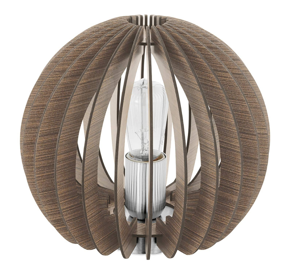 Lampe à poser en bois éteinte, vue de face, ampoule et douille visibles