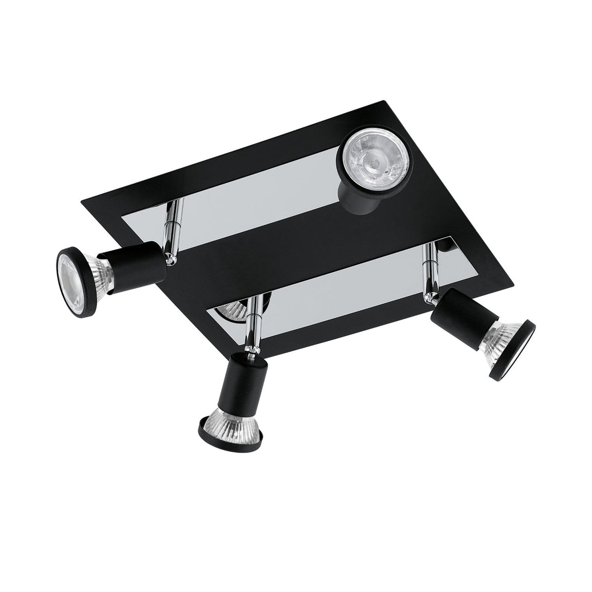Vue de trois quarts du spot plafond noir et chromé à quatre têtes orientables.