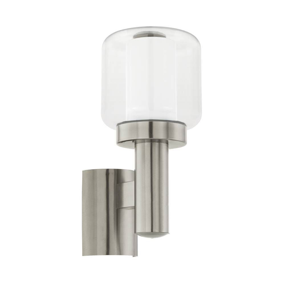 Applique murale extérieure sur fond blanc, verre cylindrique et support inox brossé