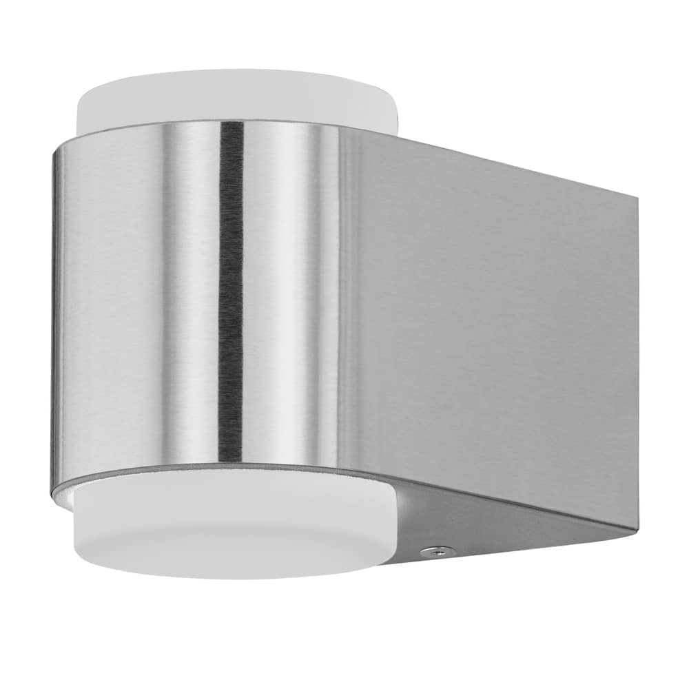 Vue de trois quarts de l'applique murale en inox brossé avec diffuseurs blancs, sur fond blanc.