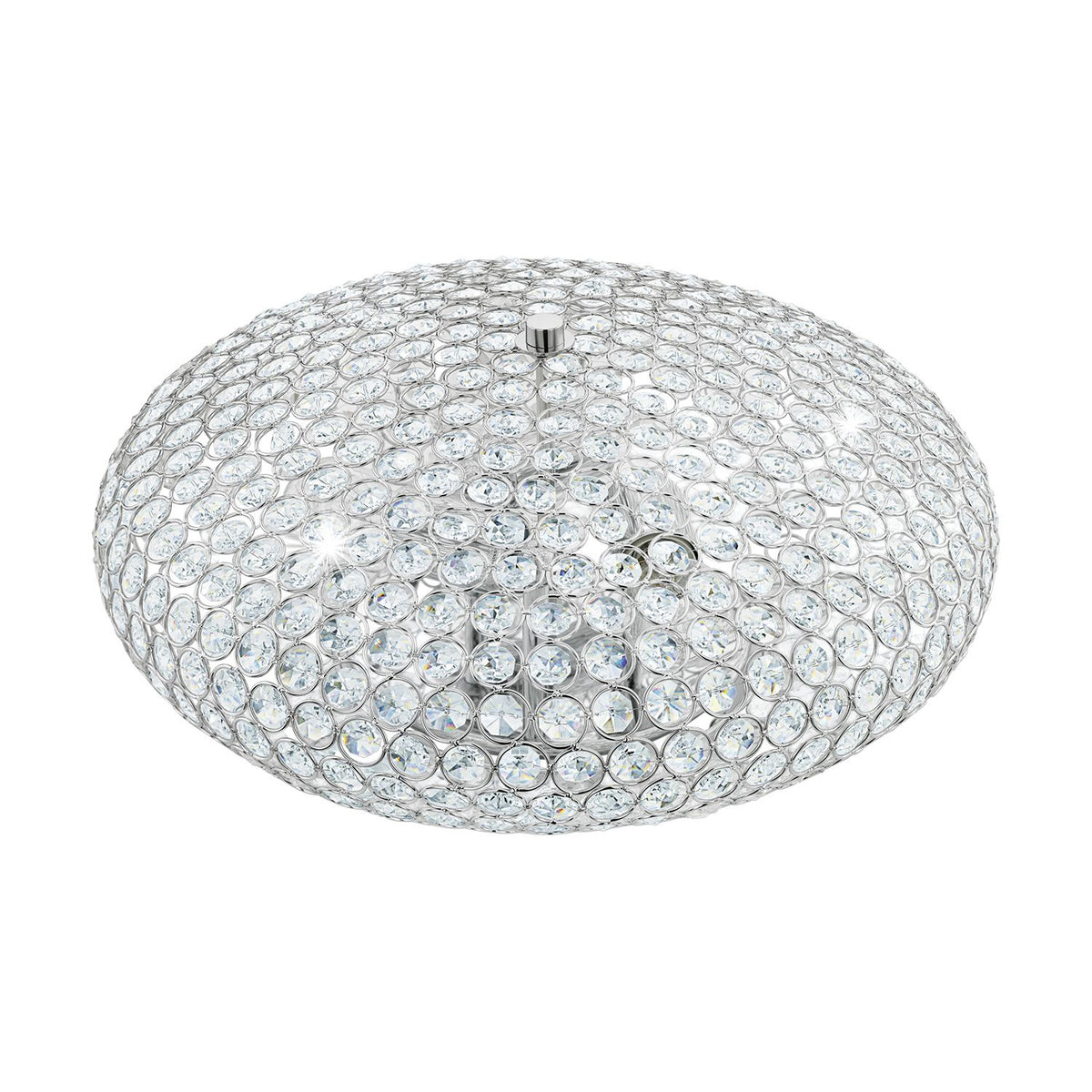 Plafonnier rond en cristal et chrome vu de trois quarts sur fond blanc