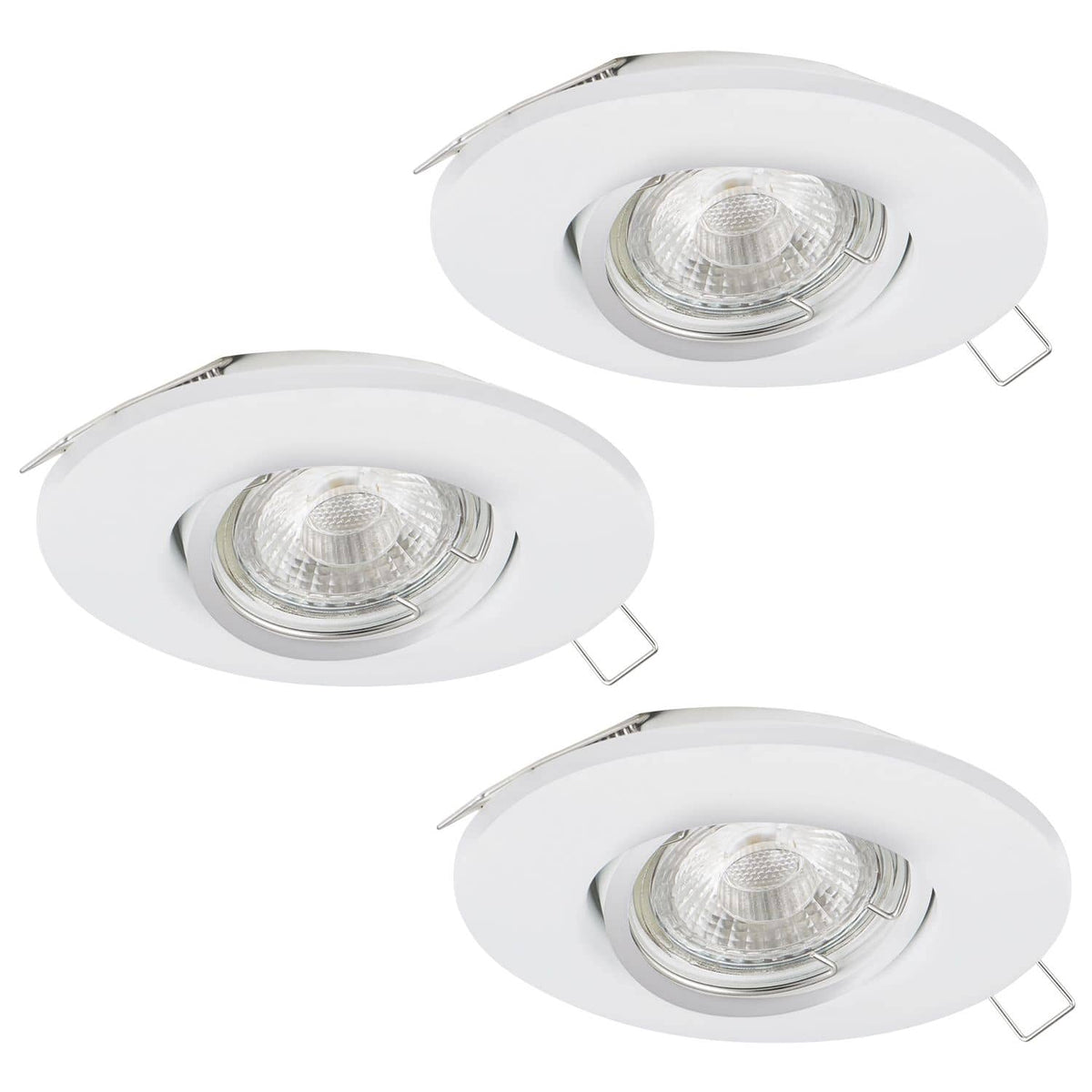 Trois spots encastrables blancs ronds avec ressorts de fixation, vus de biais.