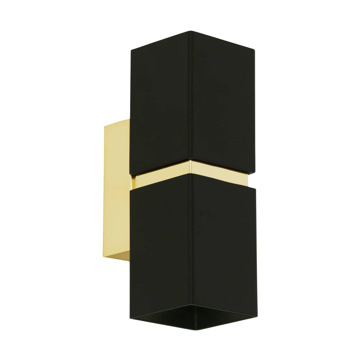 Applique murale noire et dorée, deux blocs rectangulaires, vue de trois quarts sur fond blanc