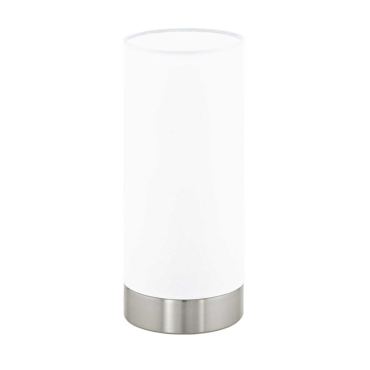 Lampe à poser cylindrique en verre opalin blanc, base métal nickel satiné, vue de face.