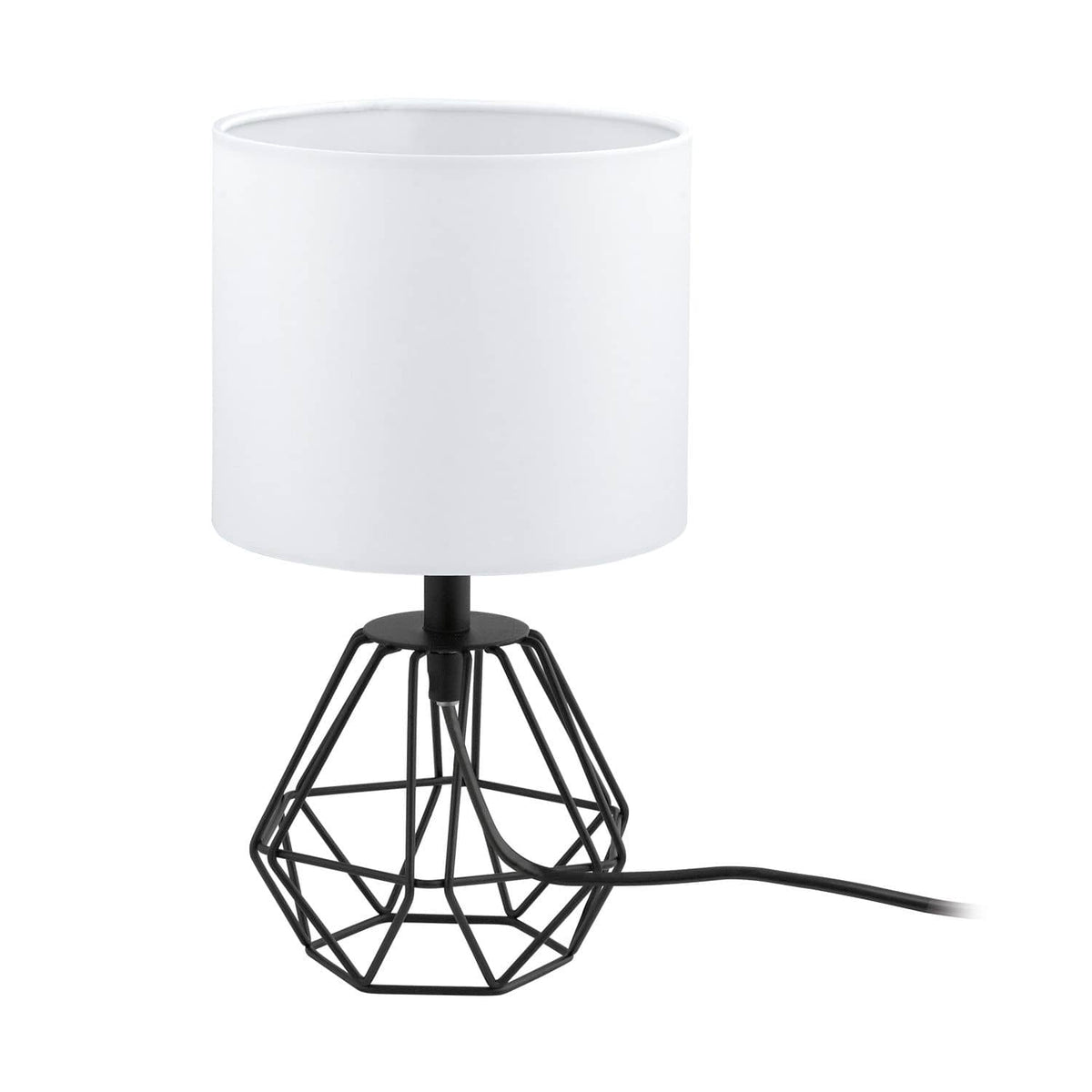 Lampe à poser noire et blanche, abat-jour cylindrique et pied cage géométrique, vue de face