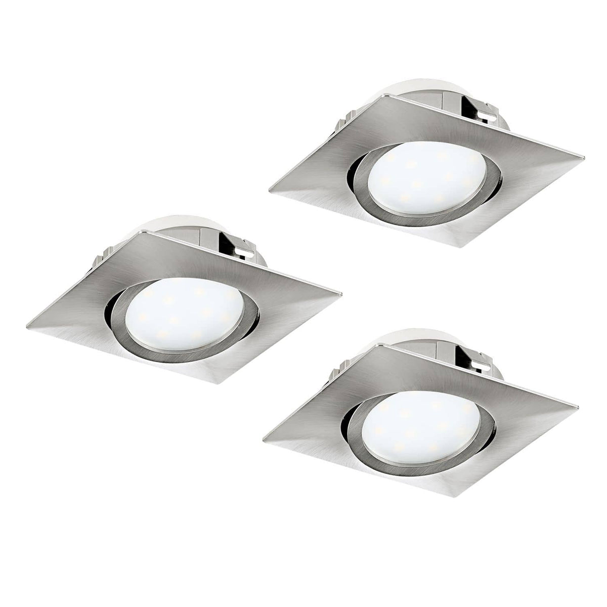 Trois spots encastrables carrés en nickel avec diffuseur central, présentés sur fond blanc.