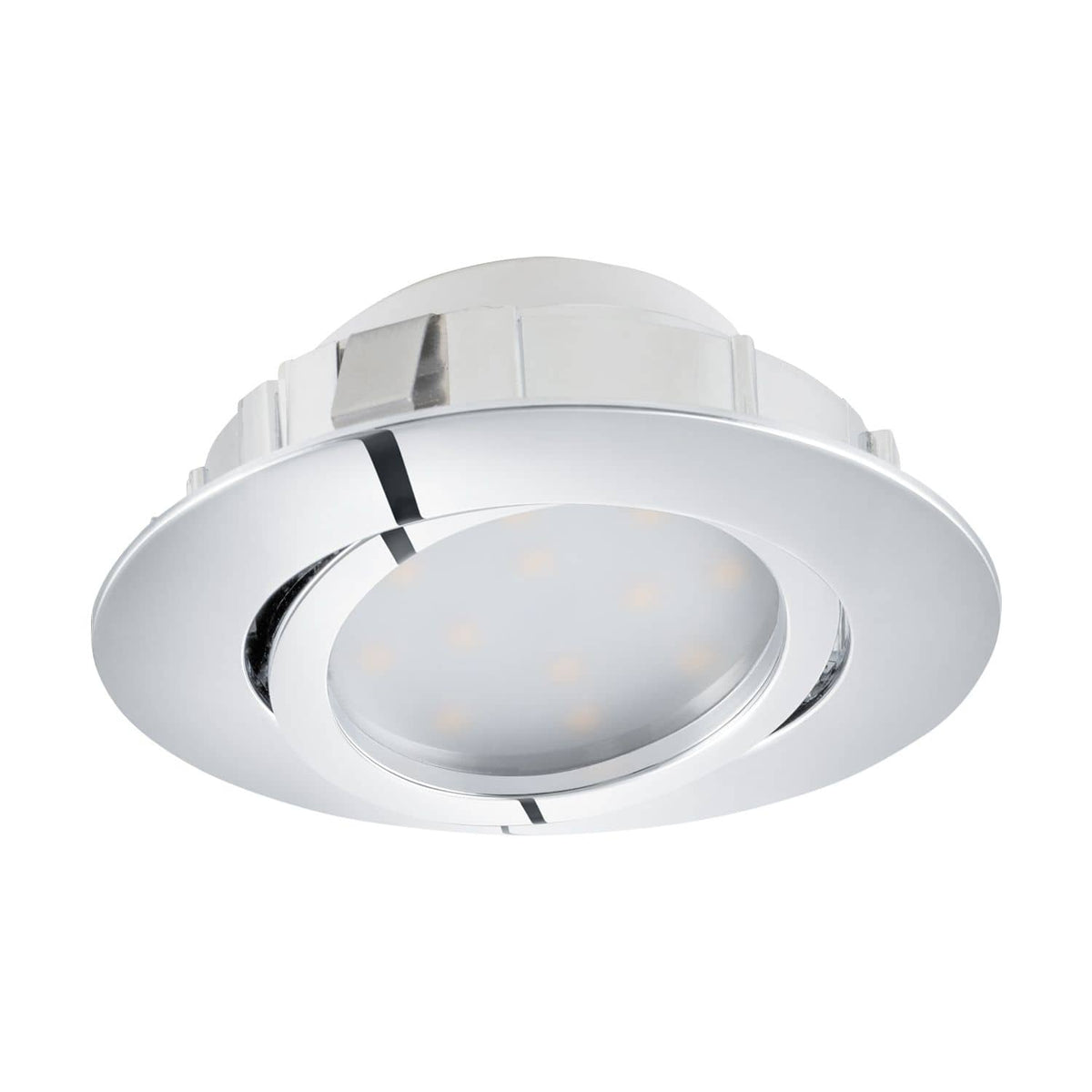 Spot encastrable chromé vu de face, collerette ronde et diffuseur LED blanc translucide