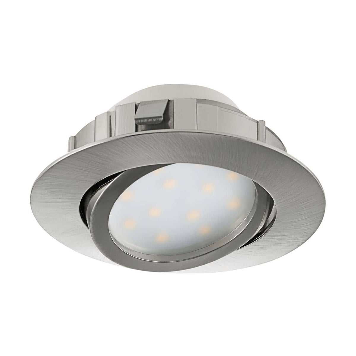 Spot encastrable rond en acier brossé nickel vu de trois quarts, diffuseur blanc et LED