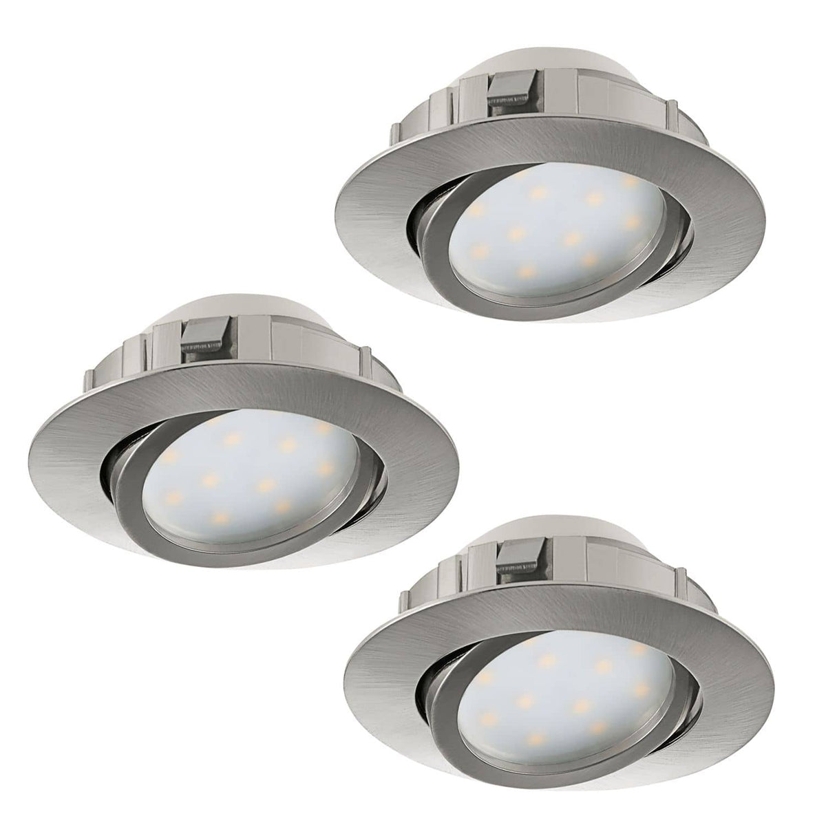 Trois spots encastrables orientables en nickel brossé, vus de face et de trois quarts