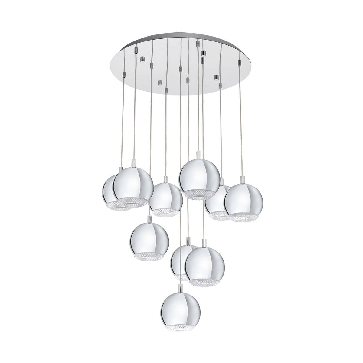 Suspension chromée à neuf globes sphériques suspendus à hauteurs différentes