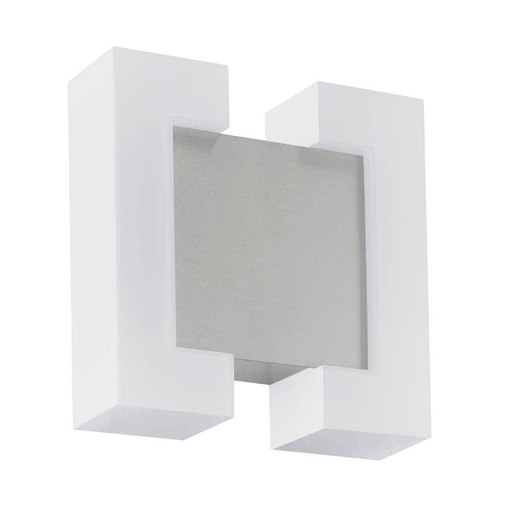Vue de trois quarts du luminaire mural blanc avec carré central nickel.
