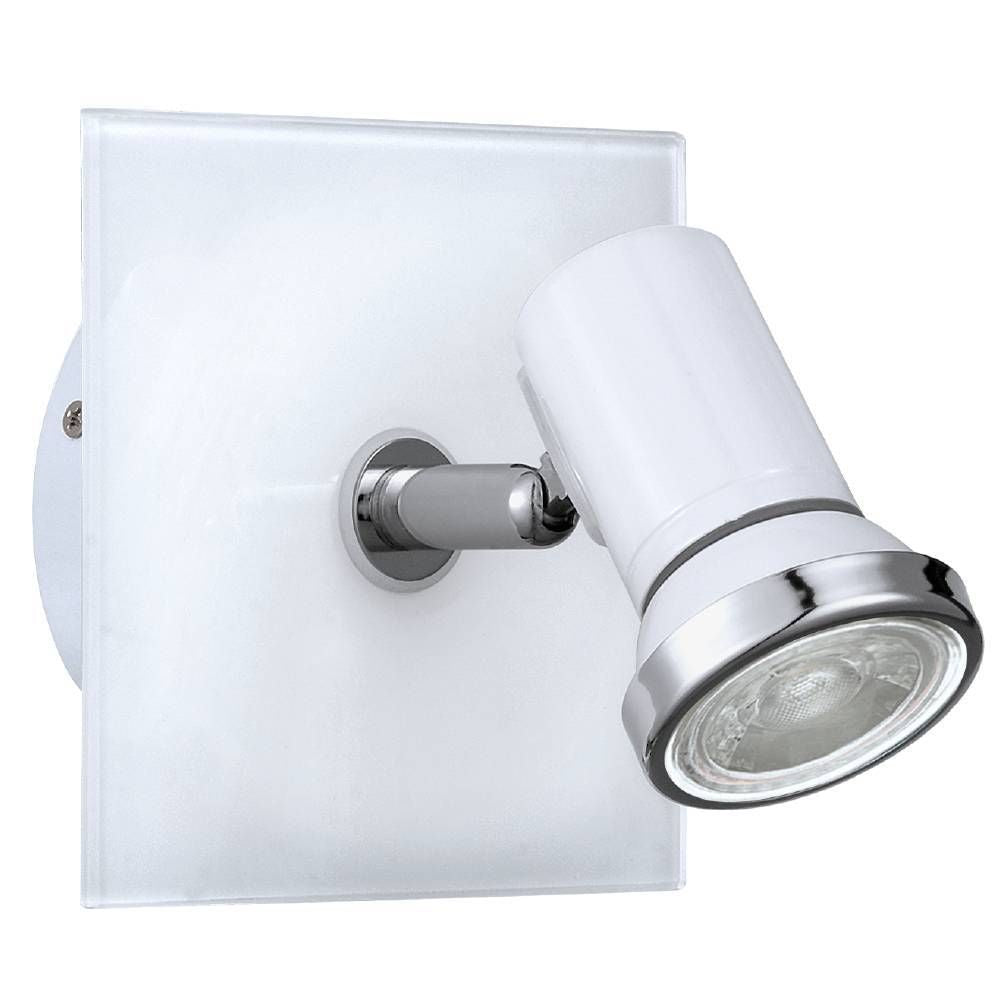 Spot mural vu de face sur fond blanc, platine carrée en verre et projecteur cylindrique