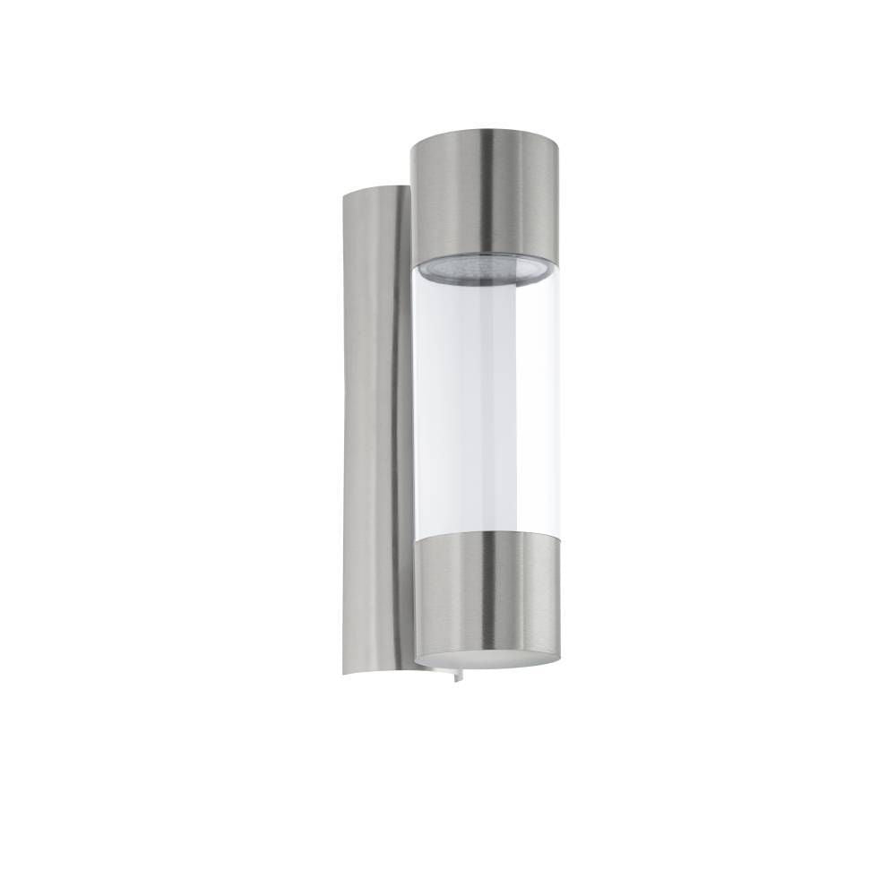 Applique murale cylindrique en inox et verre transparent, présentée de face sur fond blanc.