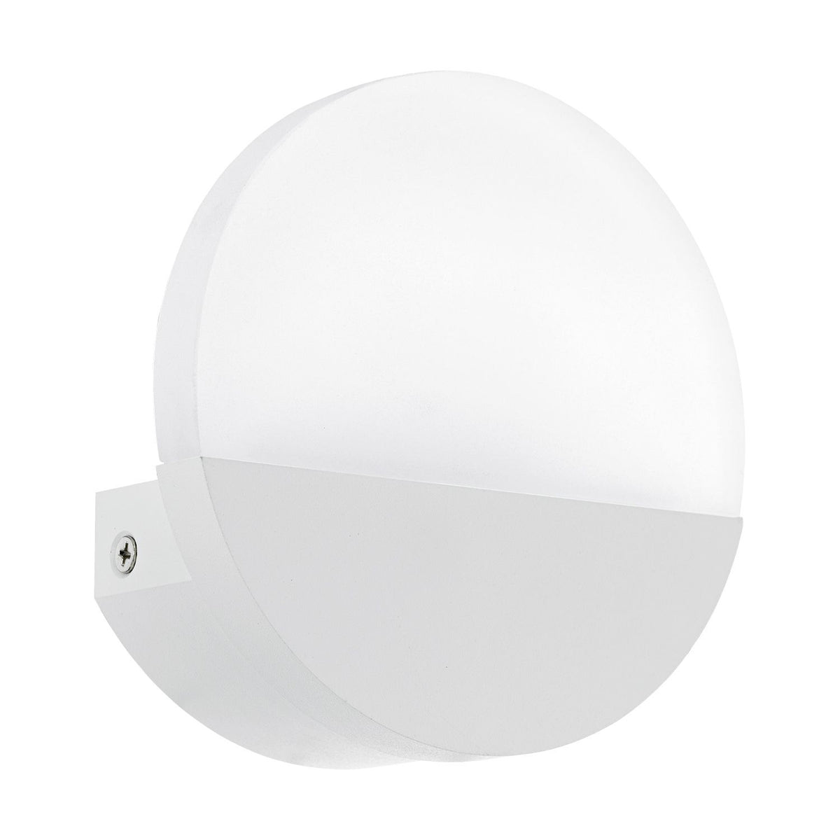Vue de trois quarts du luminaire sphérique blanc avec base aluminium et vis apparente