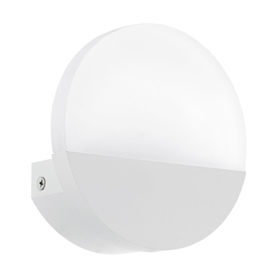 Vue de trois quarts du luminaire sphérique blanc avec base aluminium et vis apparente