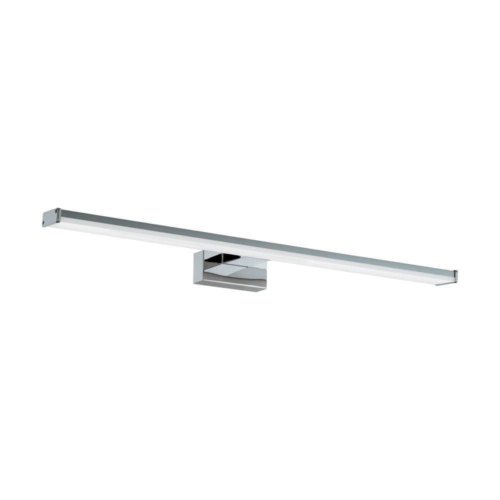 Applique lumineuse chromée en barre fine, vue de trois quarts sur fond blanc