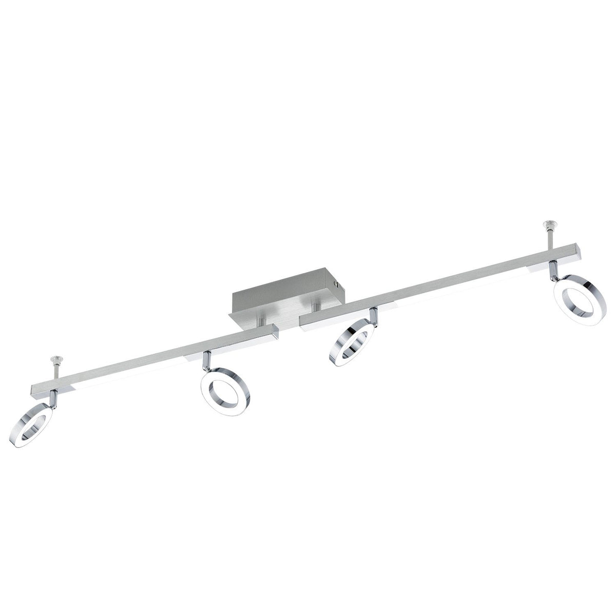 Vue de face du spot sur rail en aluminium avec quatre anneaux orientables.