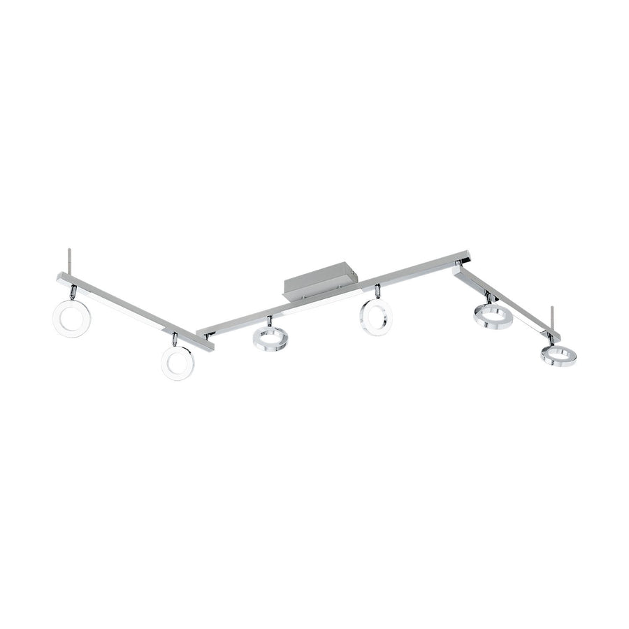 Luminaire complet de face, six spots annulaires chromés sur barre articulée