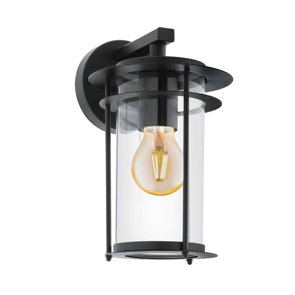 Vue de face du luminaire noir sur fond blanc, verre cylindrique transparent et ampoule visible