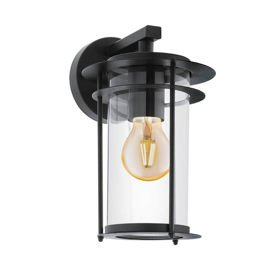 Vue de face du luminaire noir sur fond blanc, verre cylindrique transparent et ampoule visible