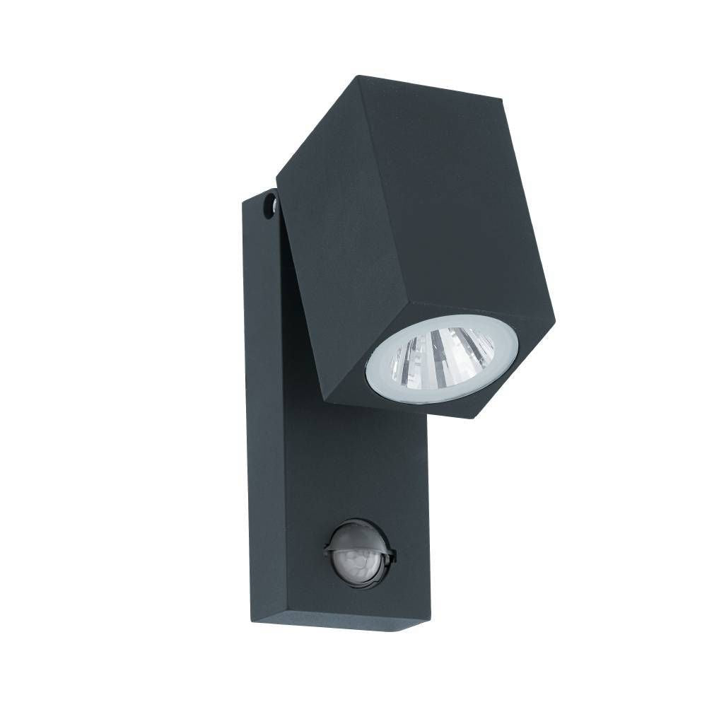 Vue de trois quarts de l'applique anthracite à tête cubique orientable et détecteur intégré.
