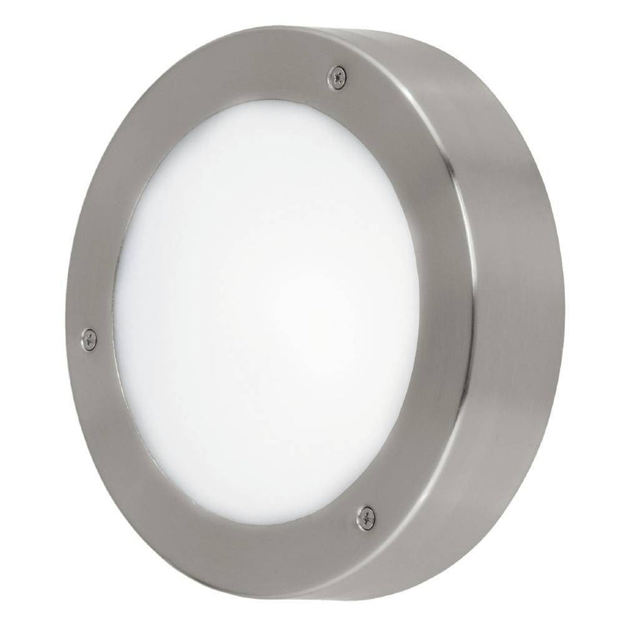 Vue de face de l'applique ronde inox avec diffuseur opale blanc et vis apparentes