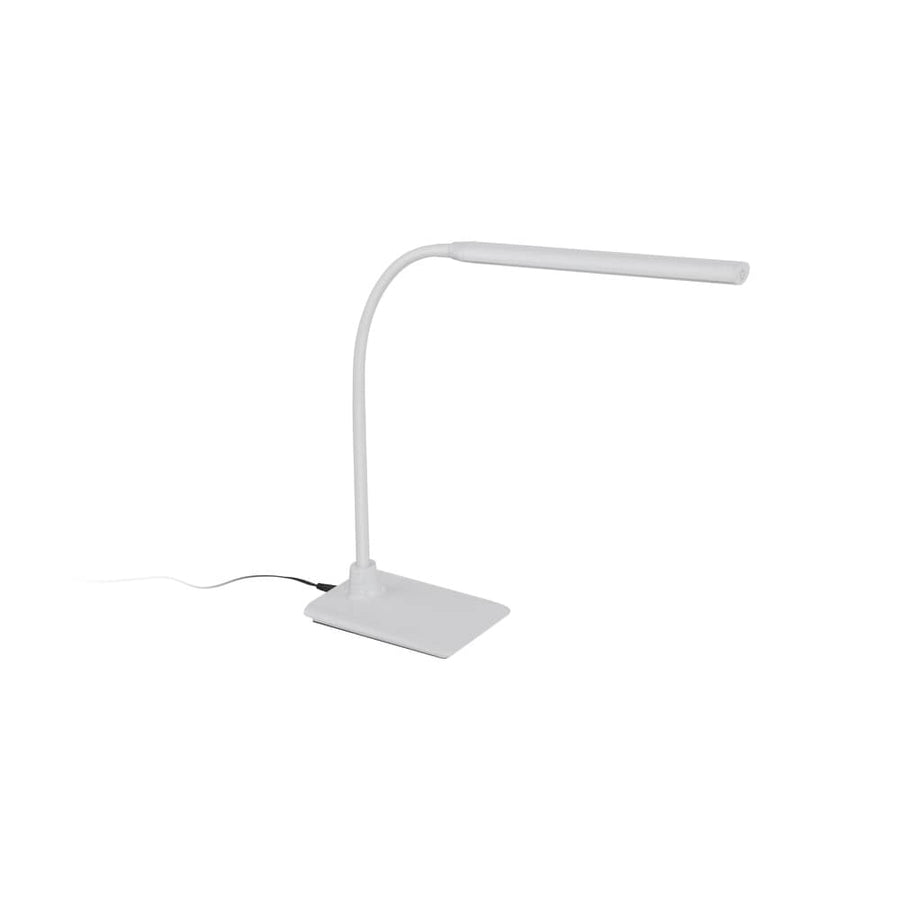 Lampe de bureau blanche de face, bras flexible et câble d'alimentation visible