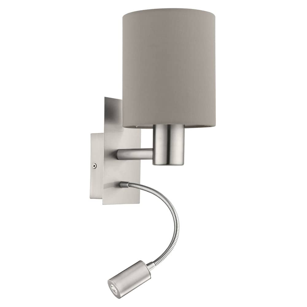 Applique murale de face, abat-jour cylindrique en tissu taupe et bras nickel brossé