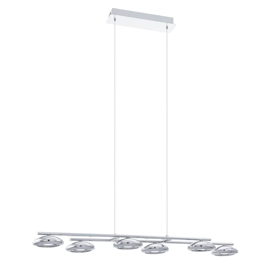 Vue de face sur fond blanc du luminaire suspendu chromé et ses six diffuseurs ronds