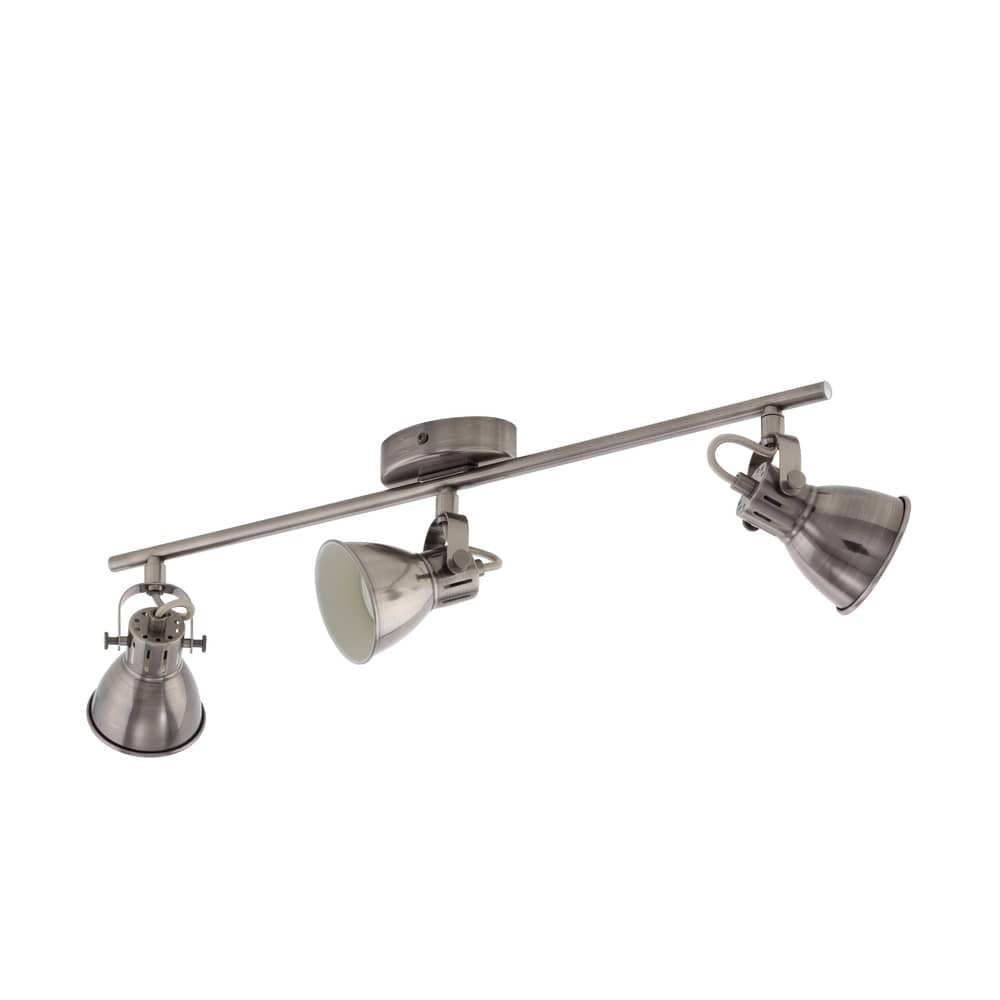 Luminaire trois spots orientables sur rail, finition nickel brossé, présenté de face sur fond blanc
