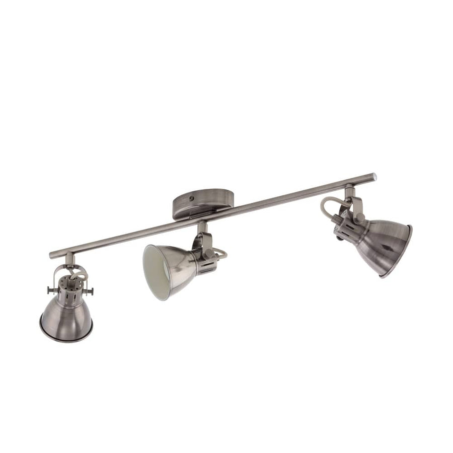 Luminaire trois spots orientables sur rail, finition nickel brossé, présenté de face sur fond blanc
