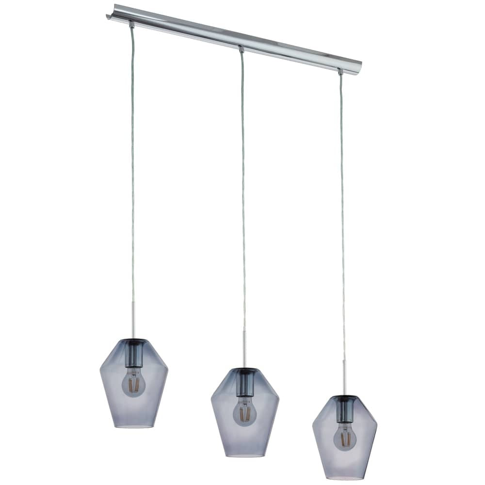 Suspension trois abat-jours en verre fumé géométrique suspendus à un rail chromé, fond blanc