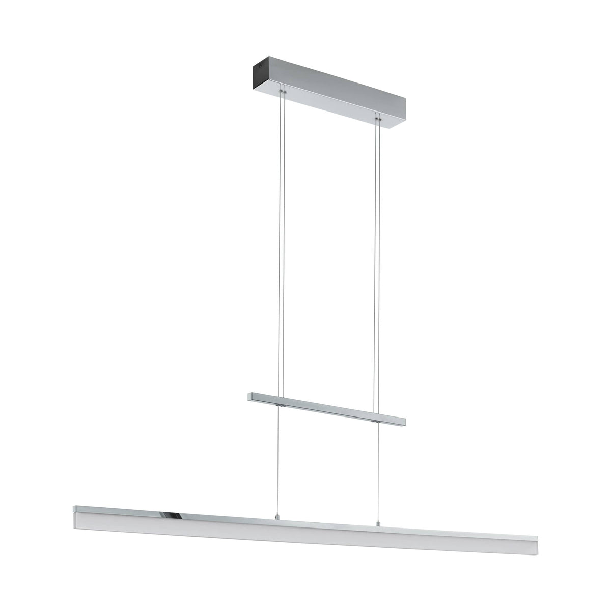 Vue de face du luminaire chromé sur fond blanc, long profil rectangulaire et câbles