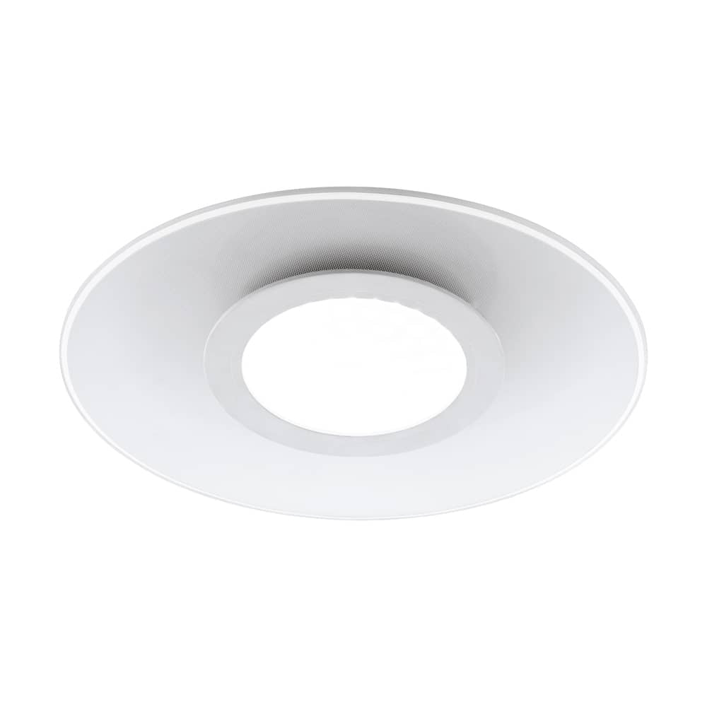 Plafonnier rond blanc vu de face, anneau central et large diffuseur, fond neutre