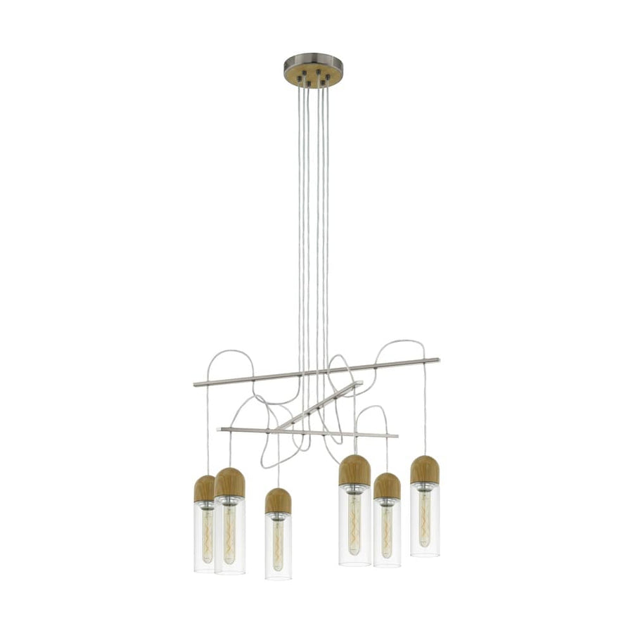Suspension six lumières vue de face, structure nickel et verre transparent sur fond blanc
