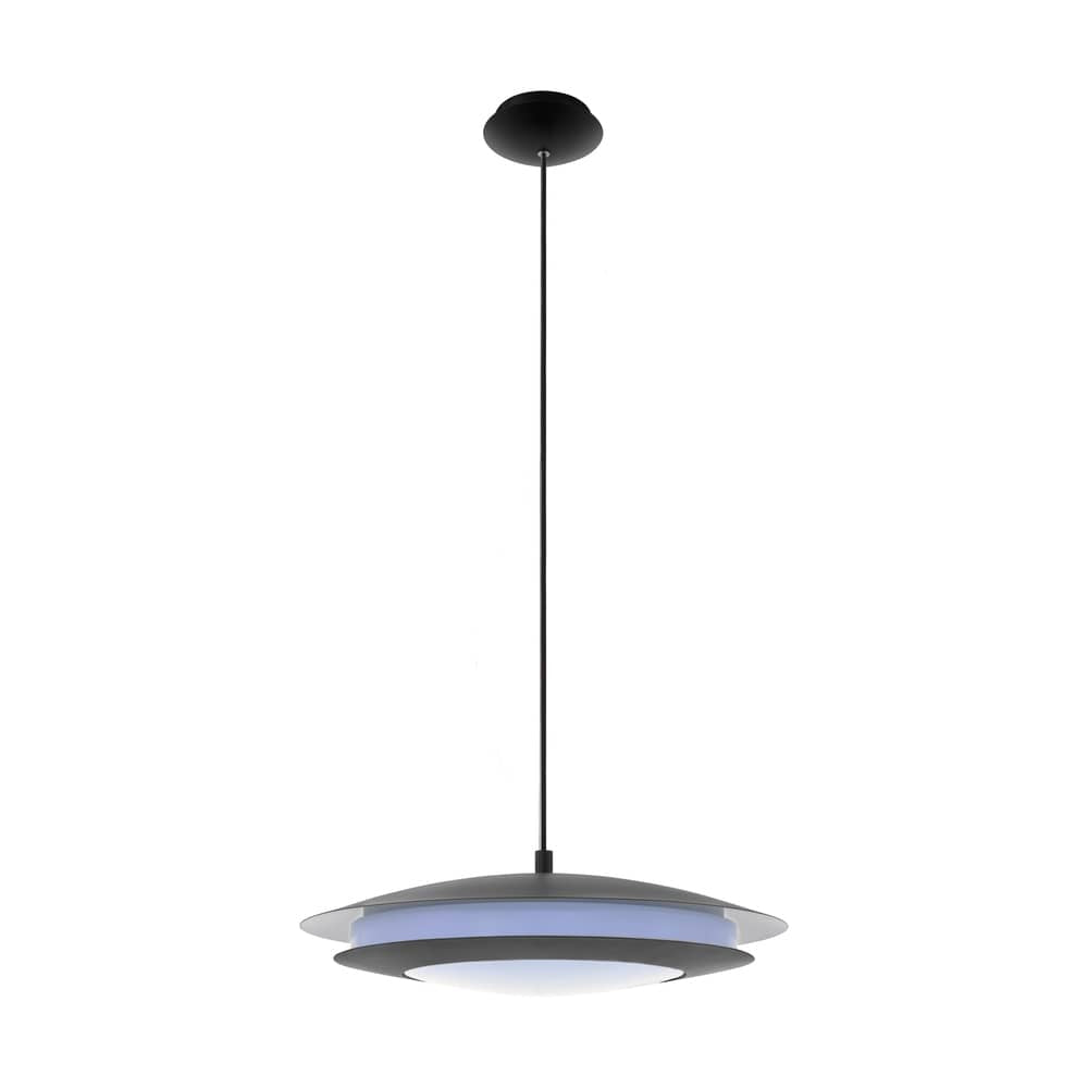 Suspension noire vue de face sur fond blanc, diffuseur blanc opalin sous abat-jour plat