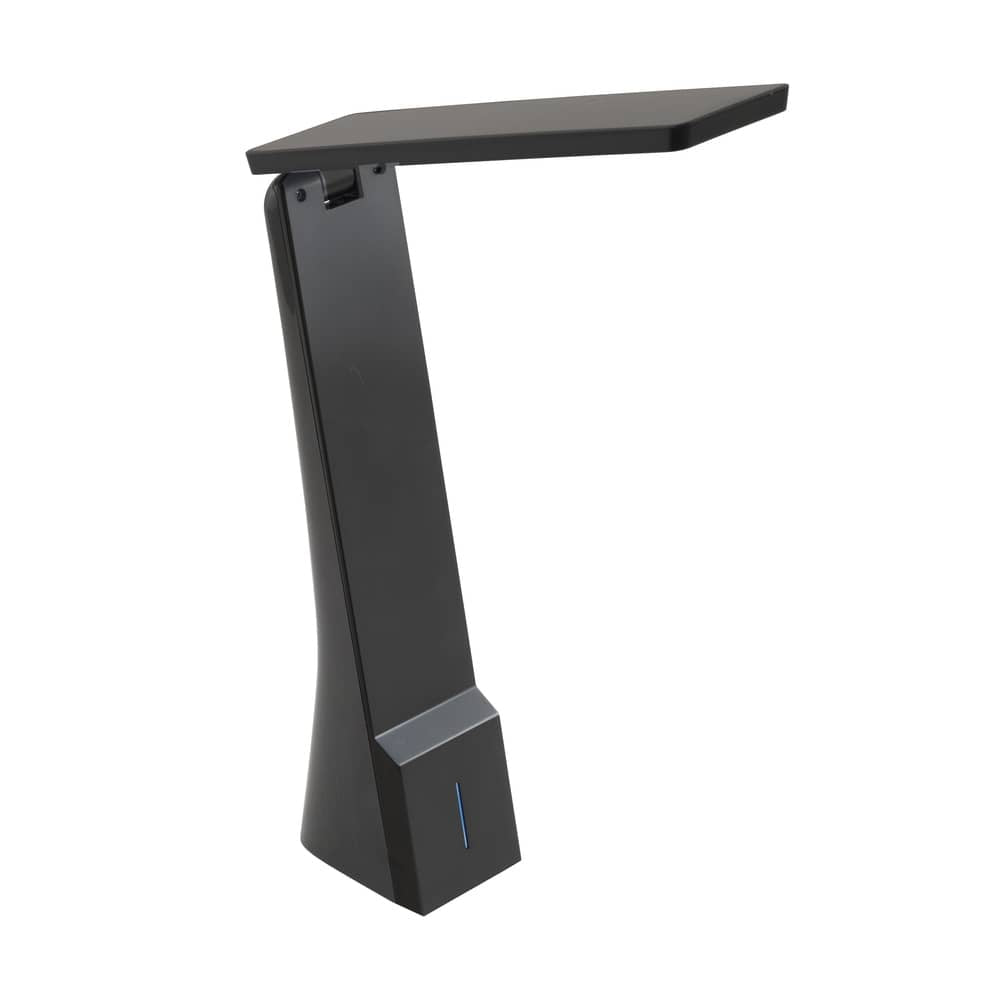 Vue de profil du luminaire noir sur fond blanc, tête plate inclinée.