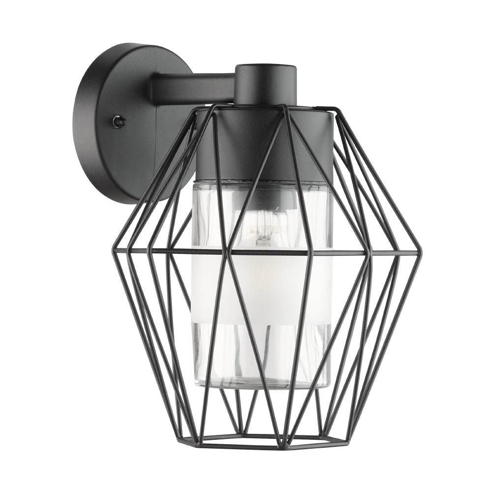 Applique murale noire à cage géométrique et verre cylindrique, vue de face sur fond blanc.