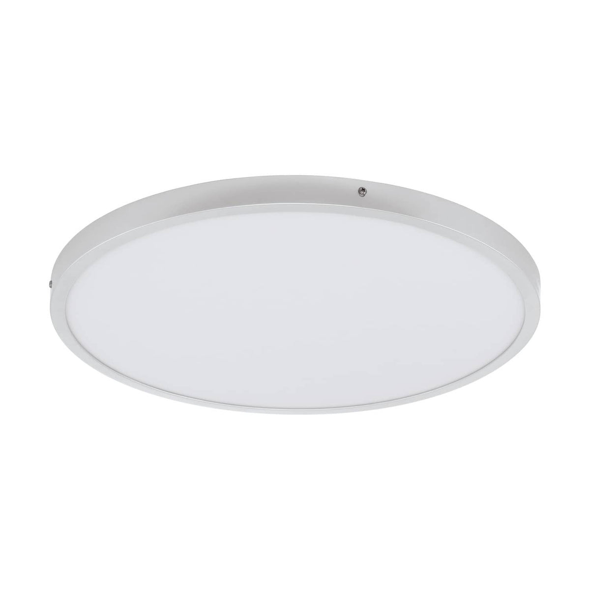 Vue de dessous du plafonnier rond au cerclage argenté et diffuseur blanc satiné